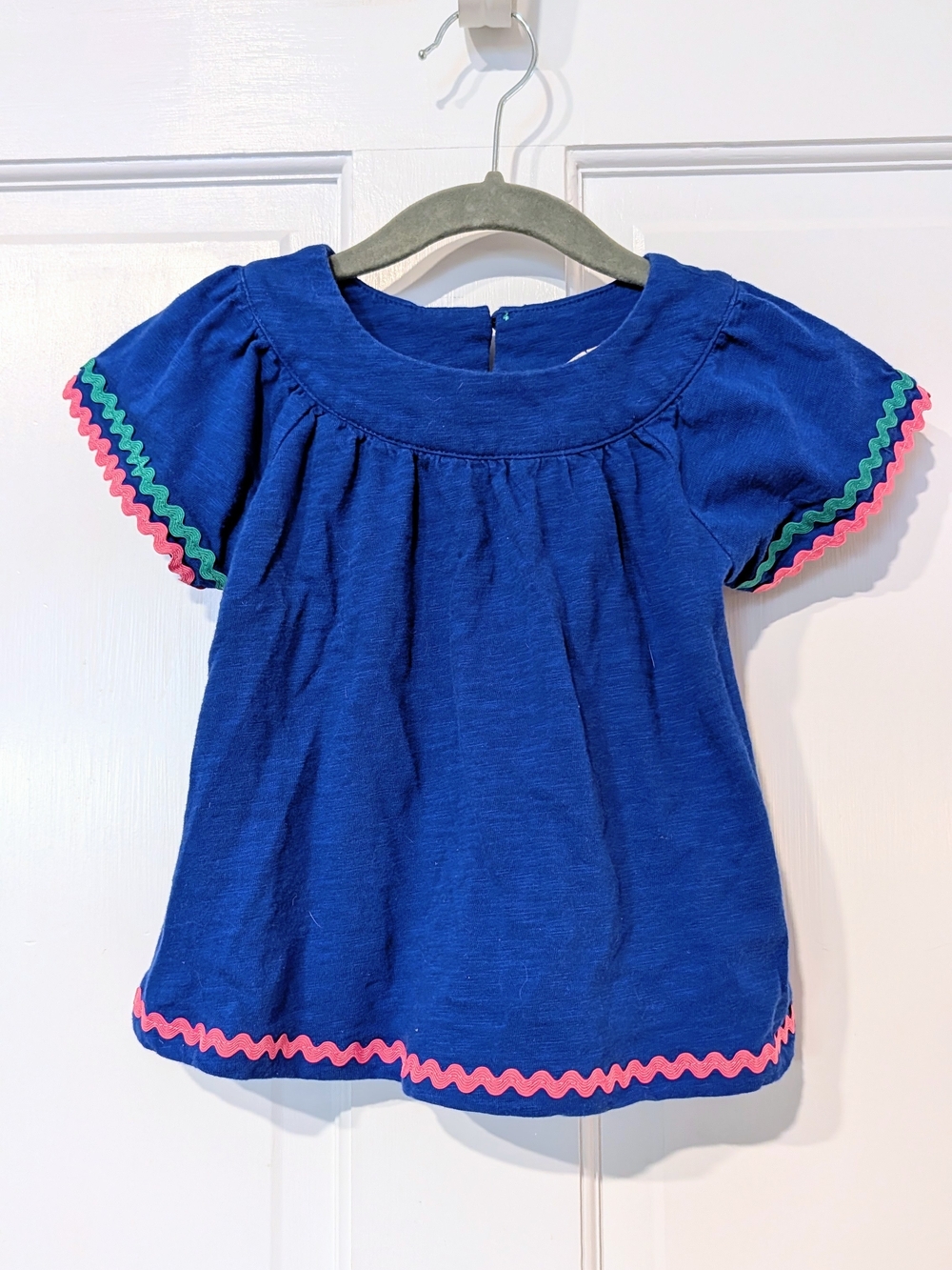 Boden Girls' Royal Blue Short-Sleeve Top with Pink & Green Trim